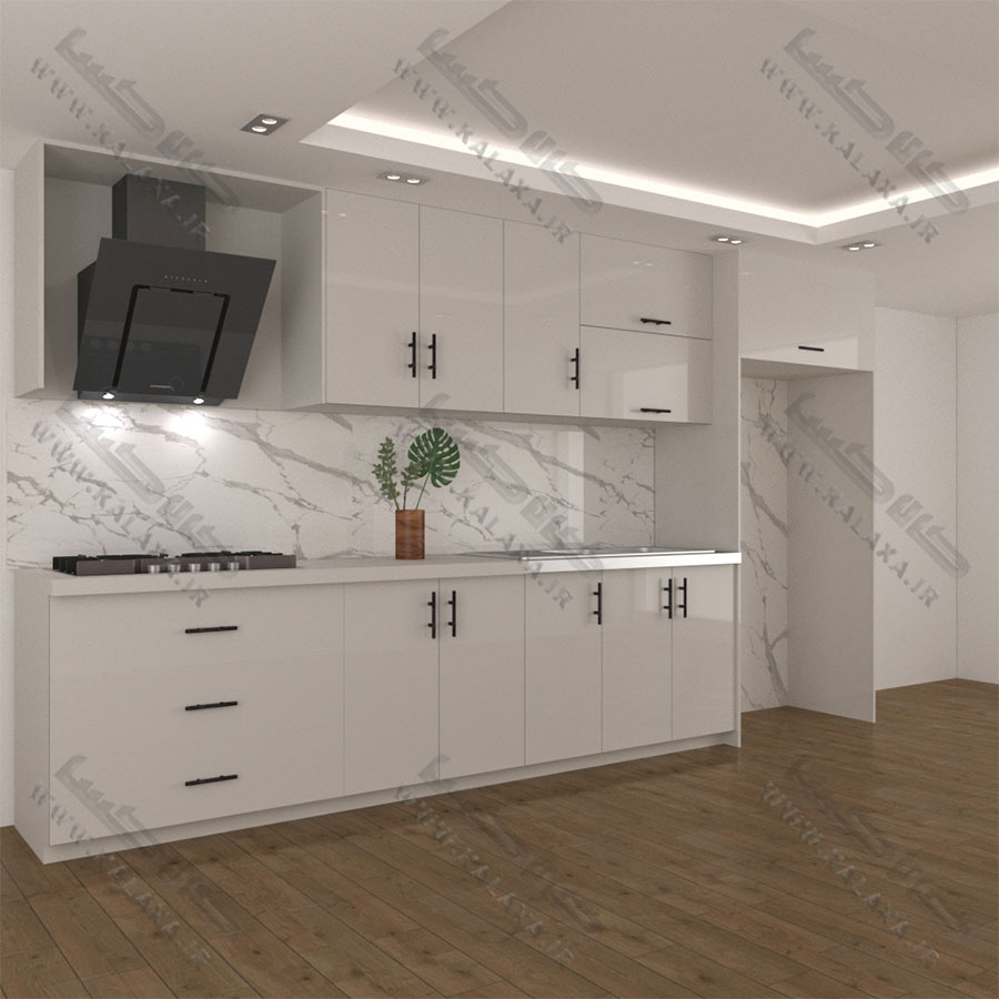 کابینت-آماده-هایگلاس-۴-متری-تک-رنگ-دستگیره-ای-3-کشو-با-باکس-یخچال