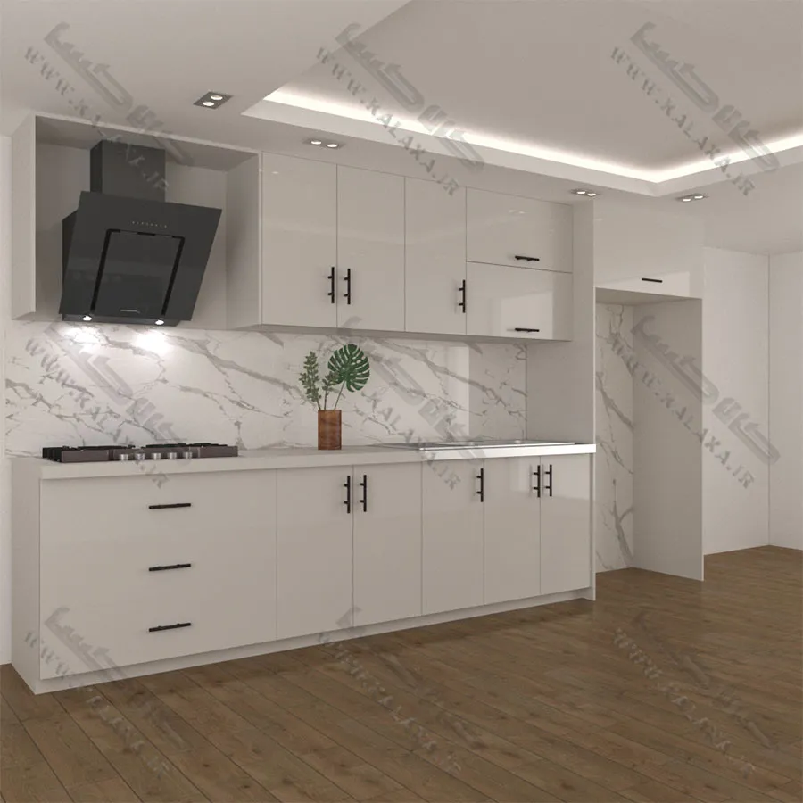 کابینت-آماده-هایگلاس-۴-متری-تک-رنگ-دستگیره-ای-3-کشو-با-باکس-یخچال