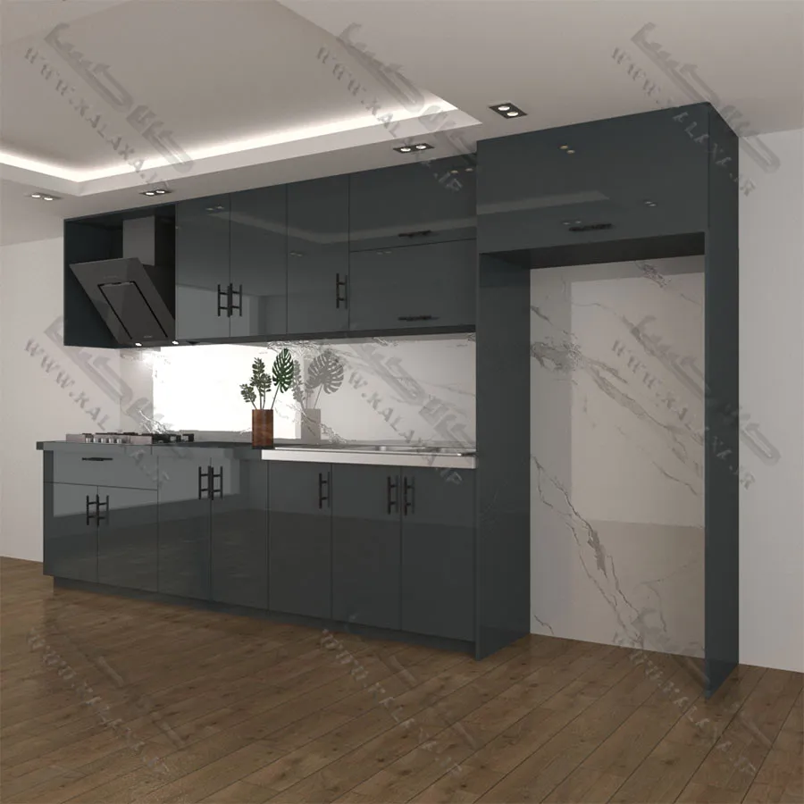 کابینت-آماده-هایگلاس-۴-متری-تک-رنگ-دستگیره-ای-۱-کشو-با-باکس-یخچال