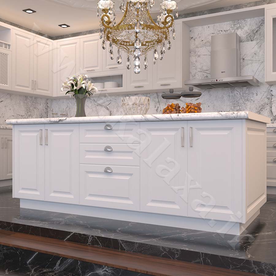 کابینت جزیره آماده ممبران نئوکلاسیک مدل 202 3 طراحی کابینت جزیره نئوکلاسیک برای آشپزخانه با کمترین فضا