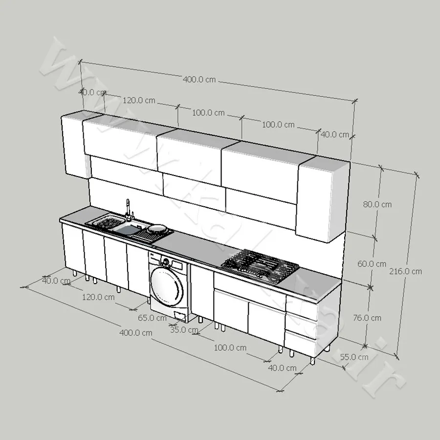 ابعاد کابینت حجمی 4 متری با جای لباسشویی