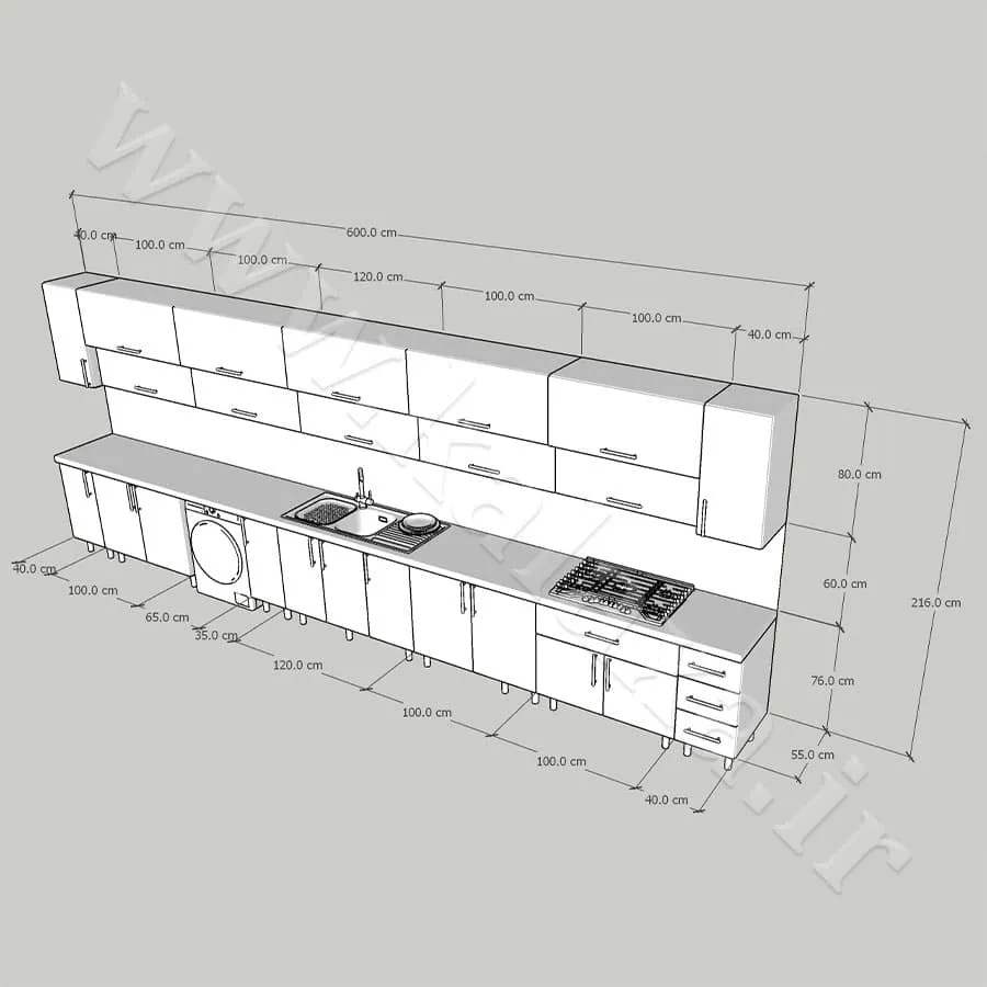 ابعاد و اندازه در کابینت مدرن پله‌ای ۶ متری