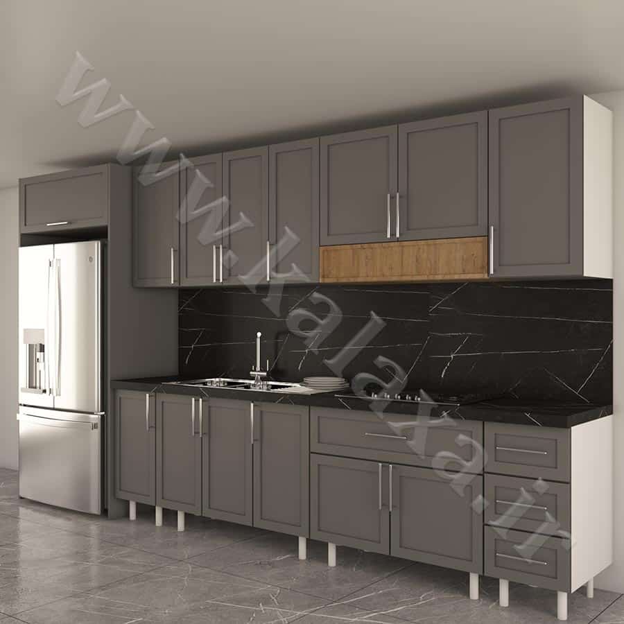 کابینت آماده ممبران نئوکلاسیک 4 متری دارای باکس یخچال درب ساده 3 نصب کابینت آماده وکیوم با کیفیت بالا