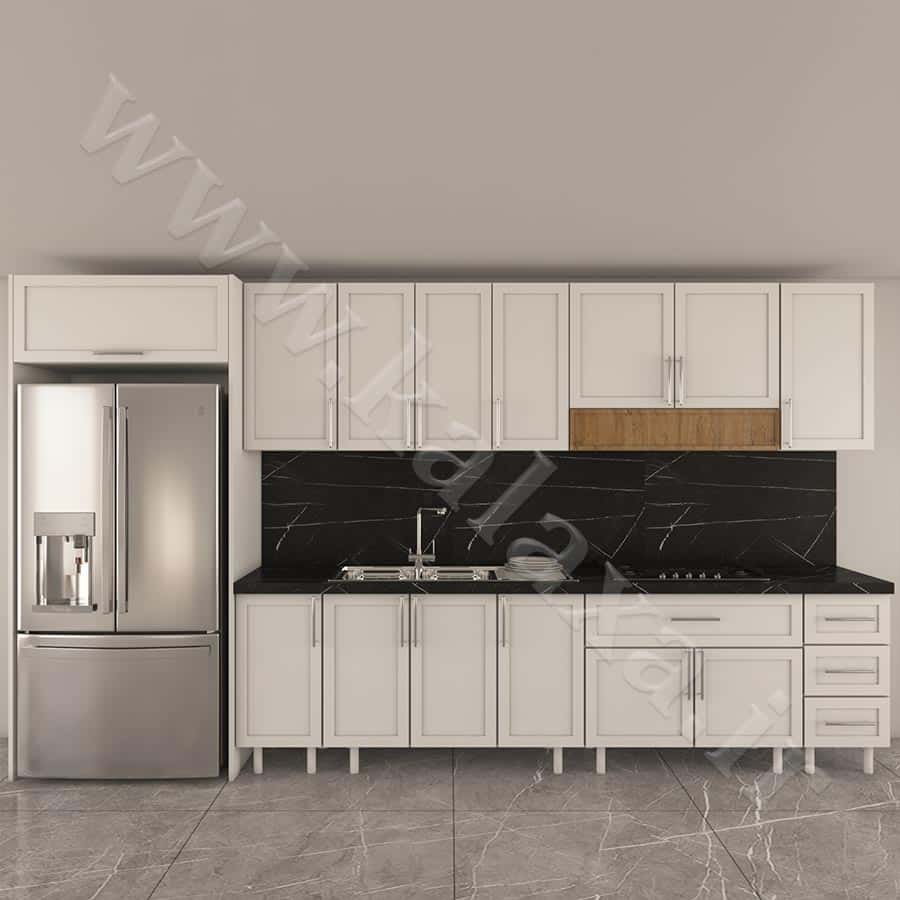 کابینت آماده ممبران نئوکلاسیک 4 متری دارای باکس یخچال درب ساده 5 کابینت آماده وکیوم مقاوم در برابر رطوبت