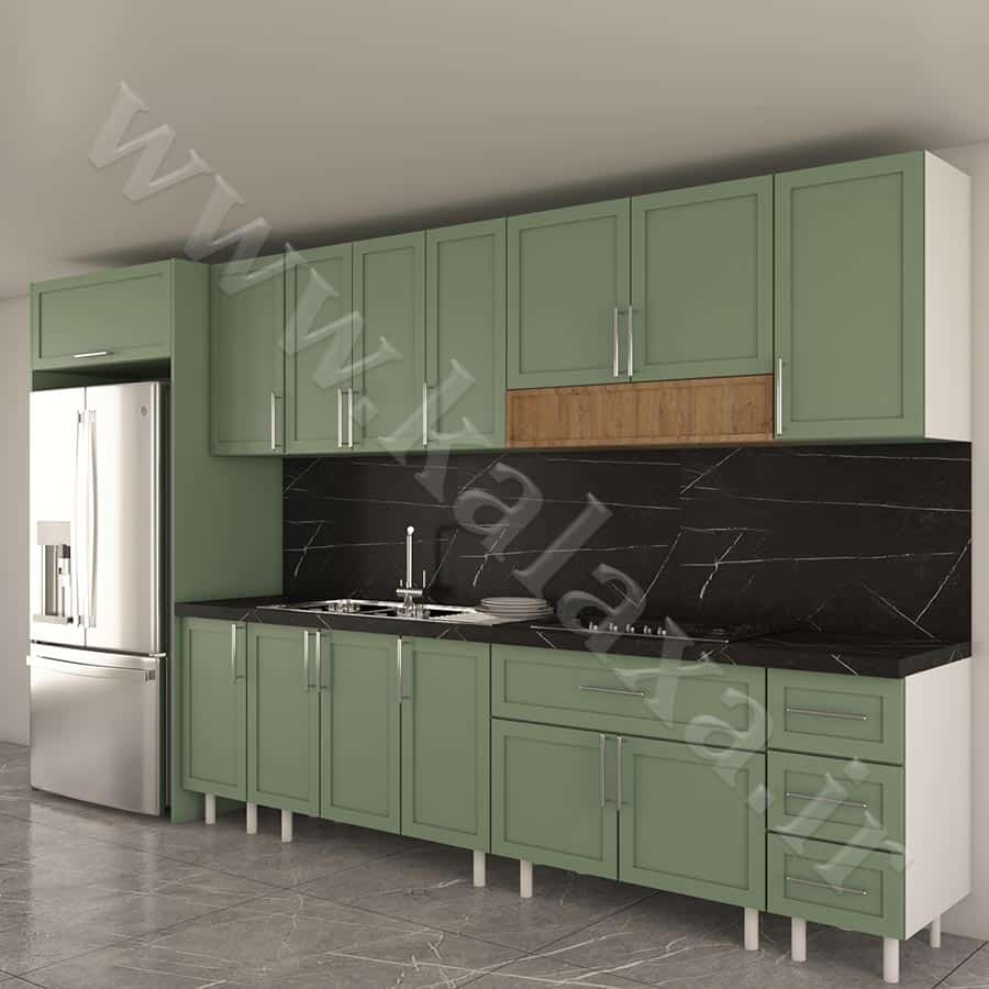 کابینت آماده ممبران نئوکلاسیک 4 متری دارای باکس یخچال درب ساده 9 کابینت آماده وکیوم برای آشپزخانه نئوکلاسیک