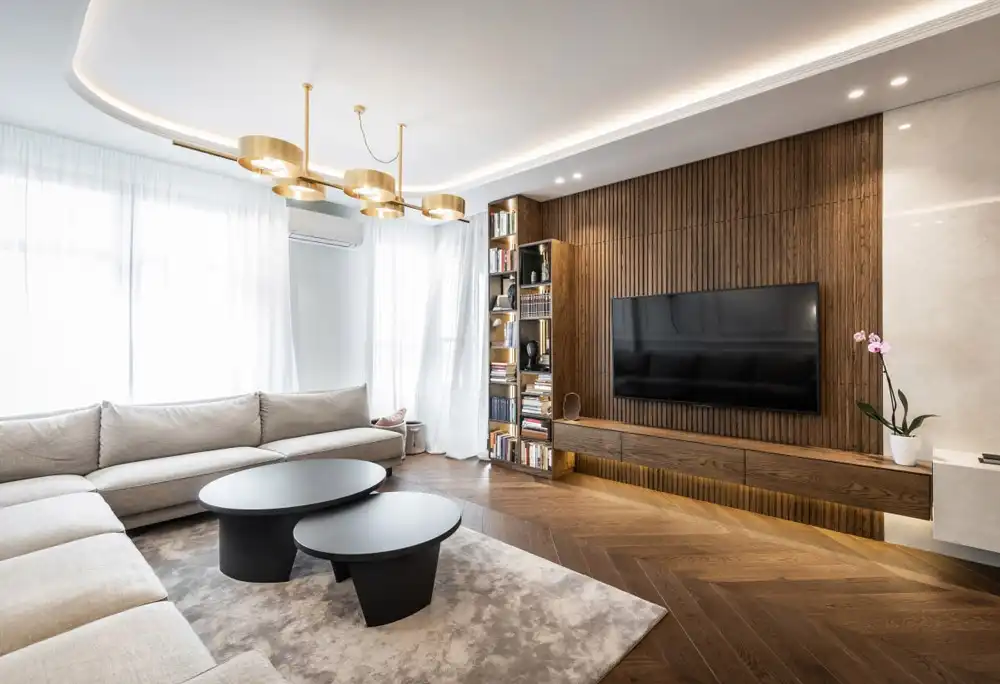 TV wall with thermo wood 2 نصب تی وی وال چوبی ترمو
