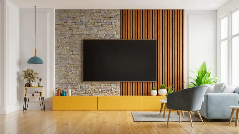 TV wall with thermo wood 3 دیزاین تی وی وال چوبی ترمو با سبک مینیمالیستی