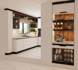 طراحی و اجرای کابینت مدرن هایگلاس سفید براق و کافی بار 3 کابینت هایگلاس با تنوع در ابعاد و طرحهای دلخواه