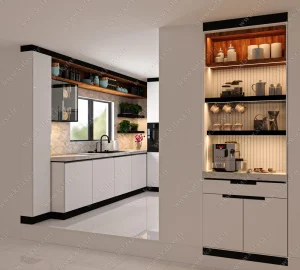طراحی و اجرای کابینت مدرن هایگلاس سفید براق و کافی بار 7 کافی بار مدرن روی کابینت آشپزخانه هایگلاس سفید ۱۴۰۵