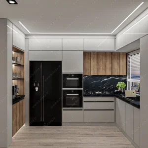 طراحی و اجرای کابینت هایگلاس سفید براق و چوب و کافی بار 3 کابینت هایگلاس با خدمات