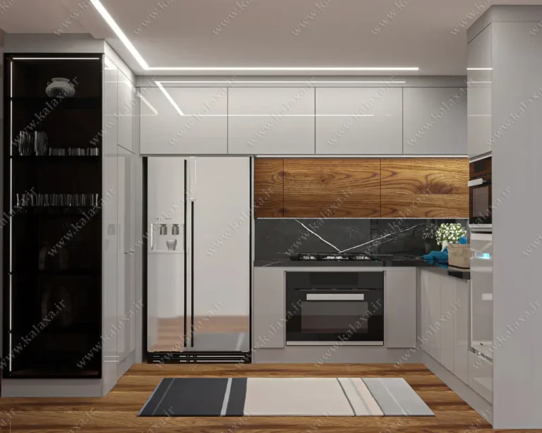 زیباترین مدل کابینت های گلاس سفید براق و طرح چوب