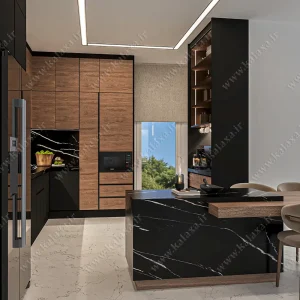 خرید کابینت MDF مشکی سوپرمات کابینت مشکی سوپرمات مدرن با ترکیب طرح چوب