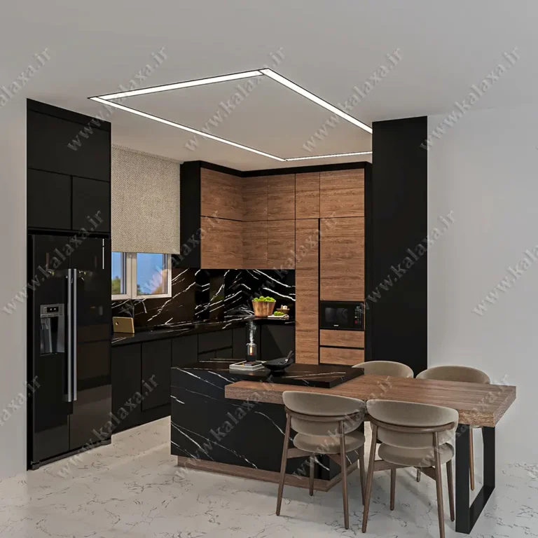 اجرای کابینت آشپزخانه ام دی اف سوپرمات مشکی با جزیره