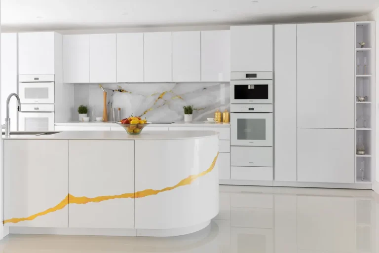 جدیدترین مدل کابینت سفید رگه طلایی هایگلاس با طراحی حرفهای