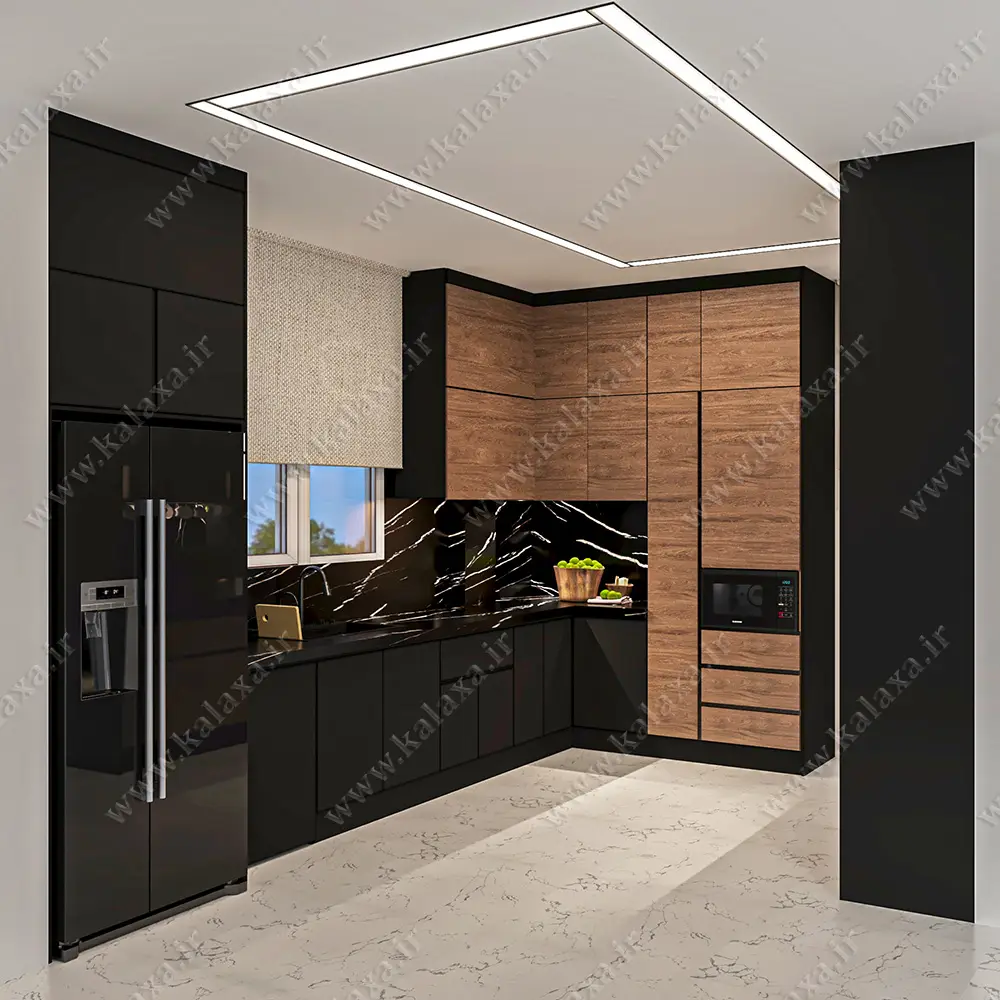 طراحی و اجرای کابینت ام دی اف طرح چوب و مشکی سوپرمات