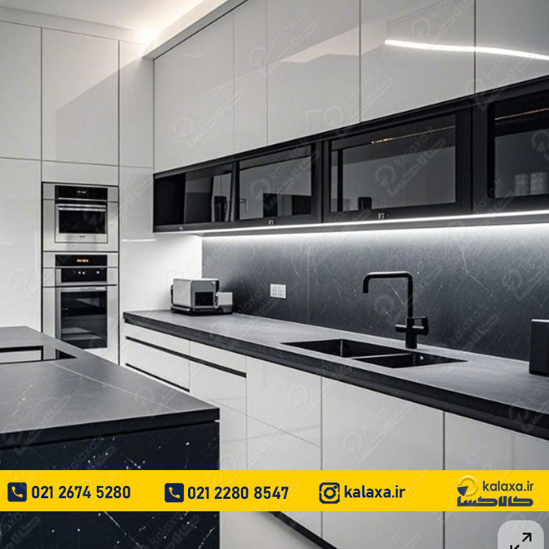 بهترین رنگ کابینت MDF - کابینت ام دی اف سفید مشکی با سطح براق و جلوه شیک