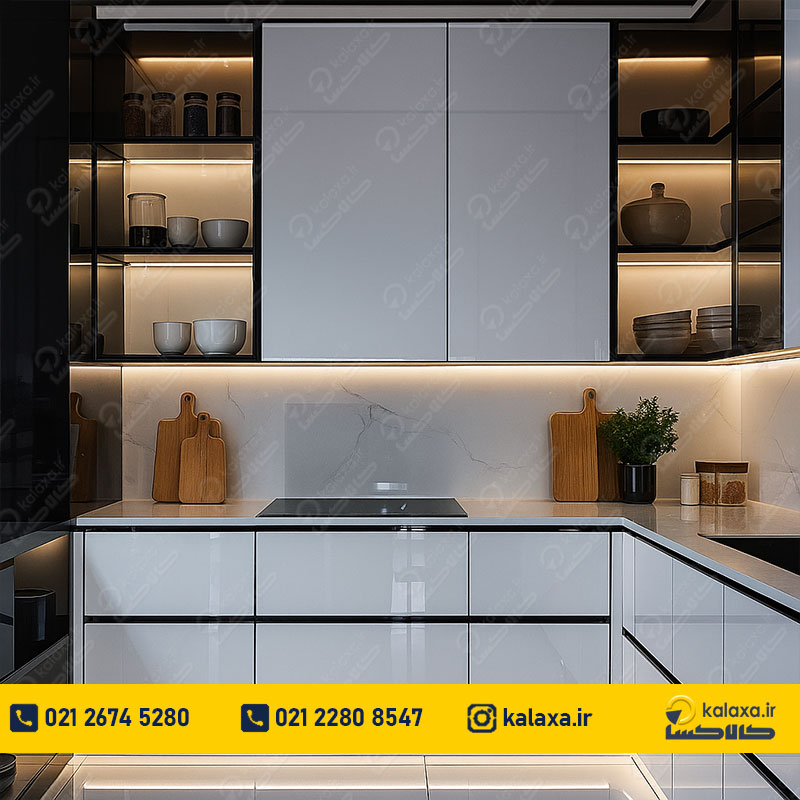 مدل کابینت های گلاس سفید مشکی، ترکیب شیک برای آشپزخانه مدرن