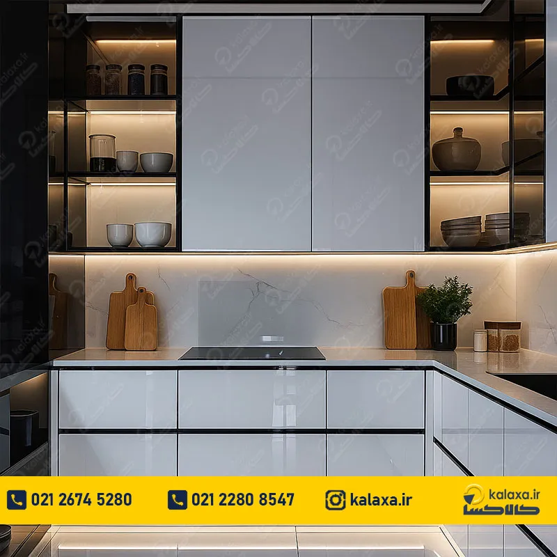 مدل کابینت های گلاس سفید مشکی، ترکیب شیک برای آشپزخانه مدرن