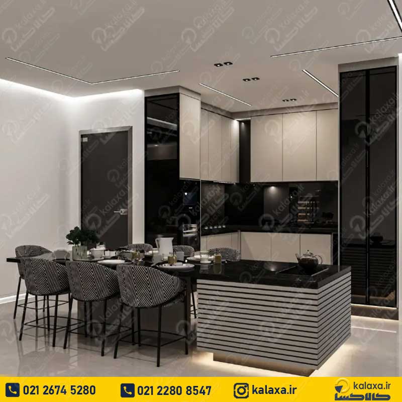 دکوراسیون آشپزخانه بدون اپن با طراحی کابینت های گلاس سفید مشکی