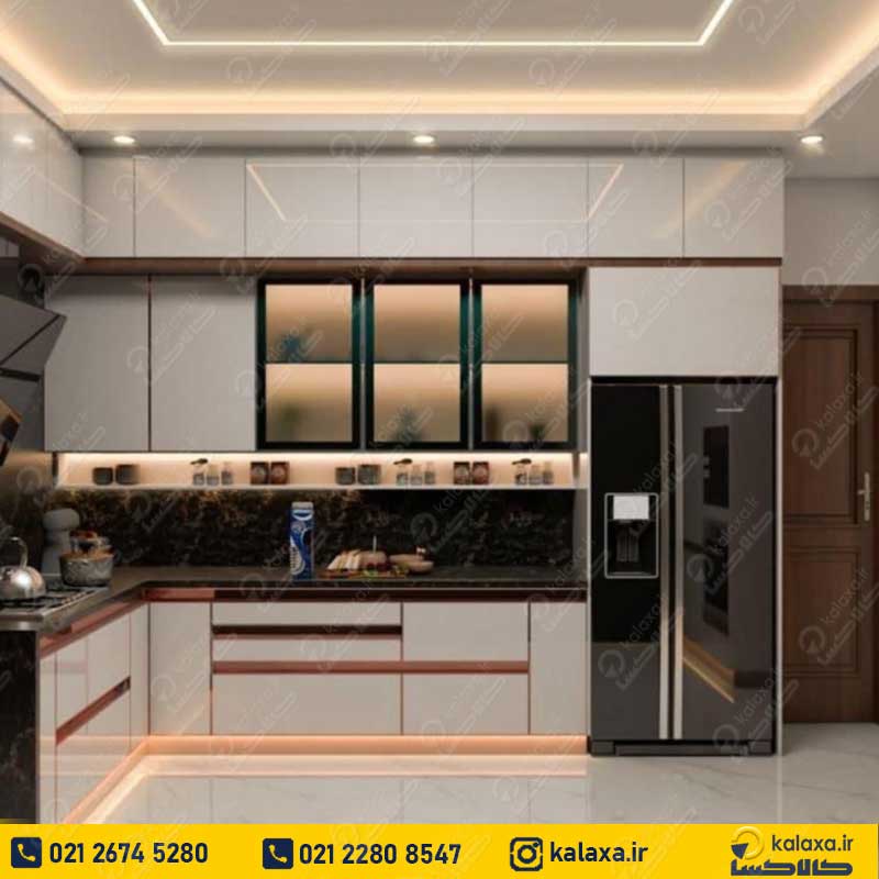 طراحی کایبنت آشپزخانه ال شکل به همراه نورپردازی شیک و مدرن 