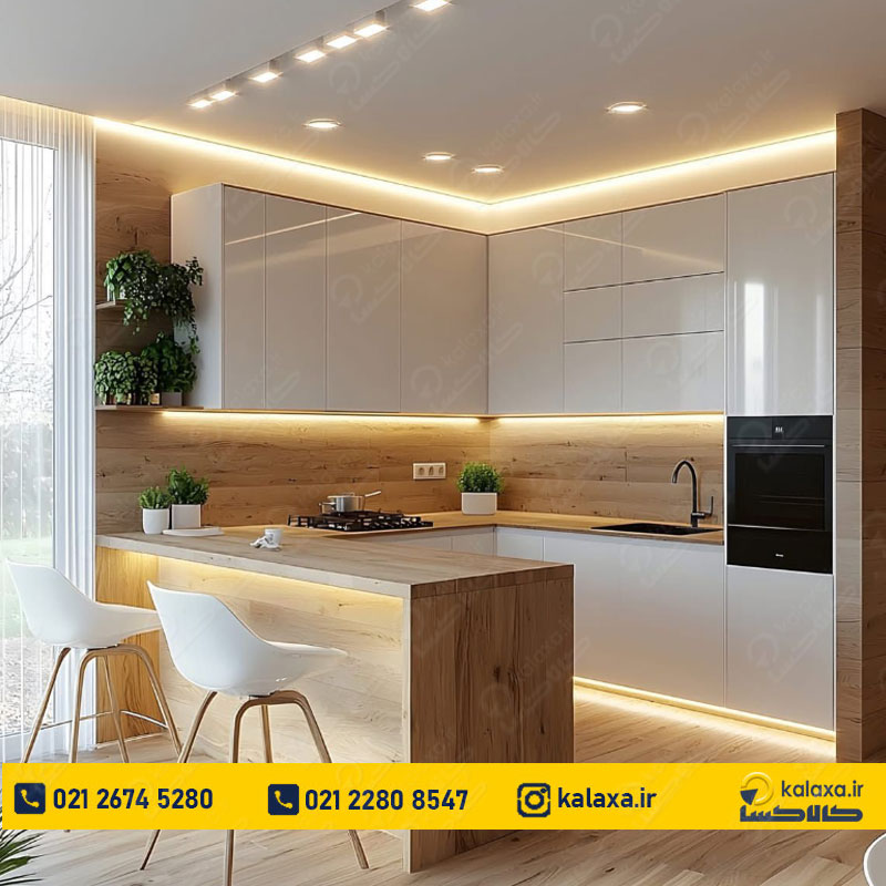 طراحی کابینت های گلاس سفید و طرح چوب شک و مدرن