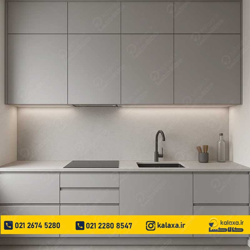 کابینت آماده هایگلاس طوسی مدرن و شیک با طراحی مینیمال مناسب آشپزخانه‌های مدرن