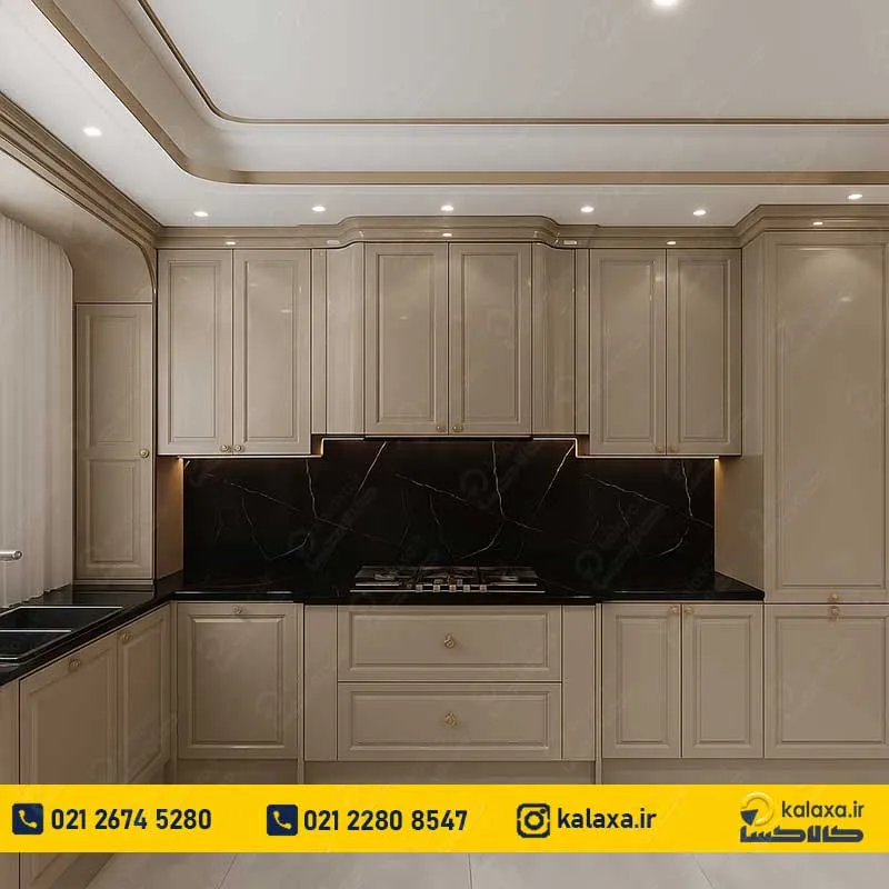 کابینت انزو طوسی روشن با بین‌کابینتی سنگ مشکی