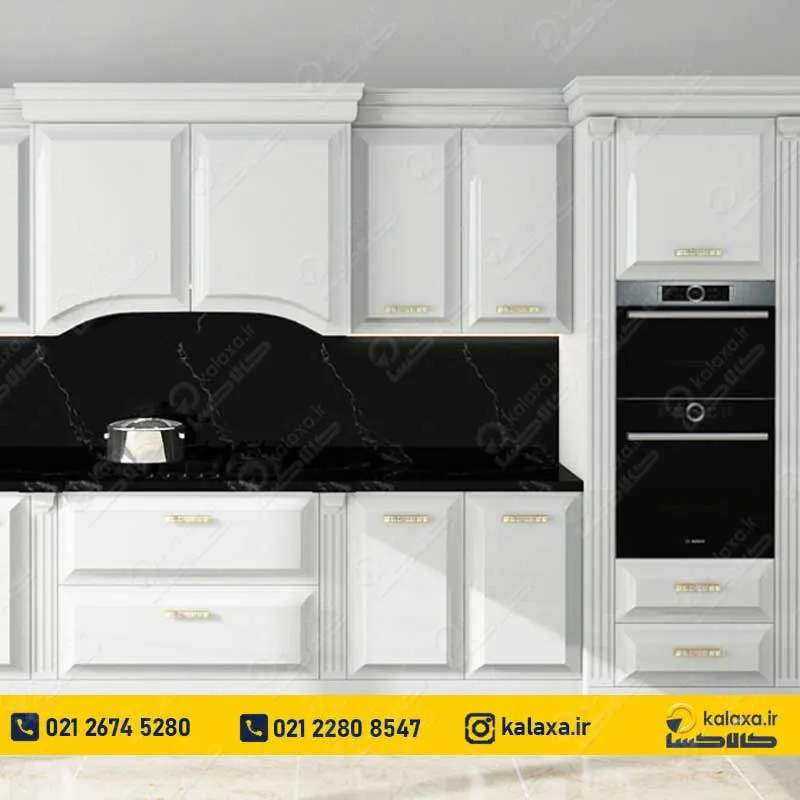 کابینت انزو سفید با بین‌کابینتی سنگ مشکی