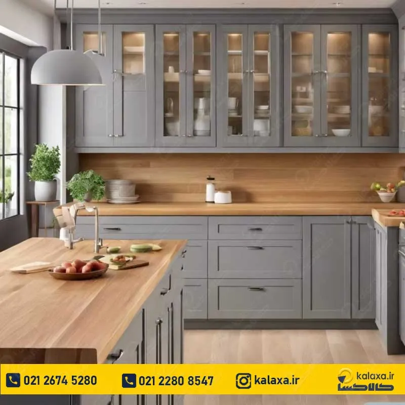 کابینت پلی اورتان طوسی با طراحی نئوکلاسیک