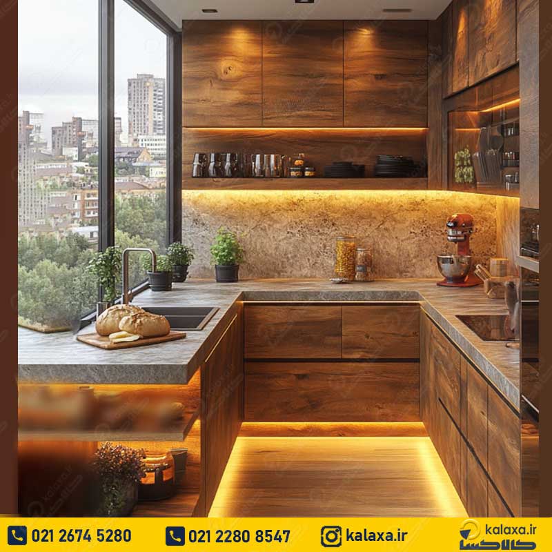 طراحی دکوراسیون آشپزخانه روستیک چوب طبیعی