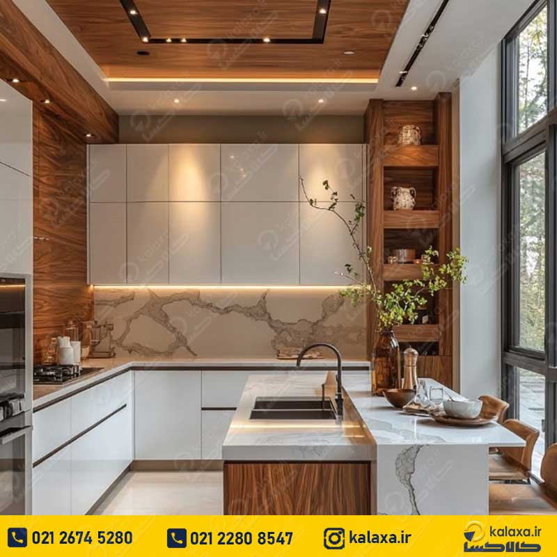 کابینت مدرن و شیک سفید و طرح چوب