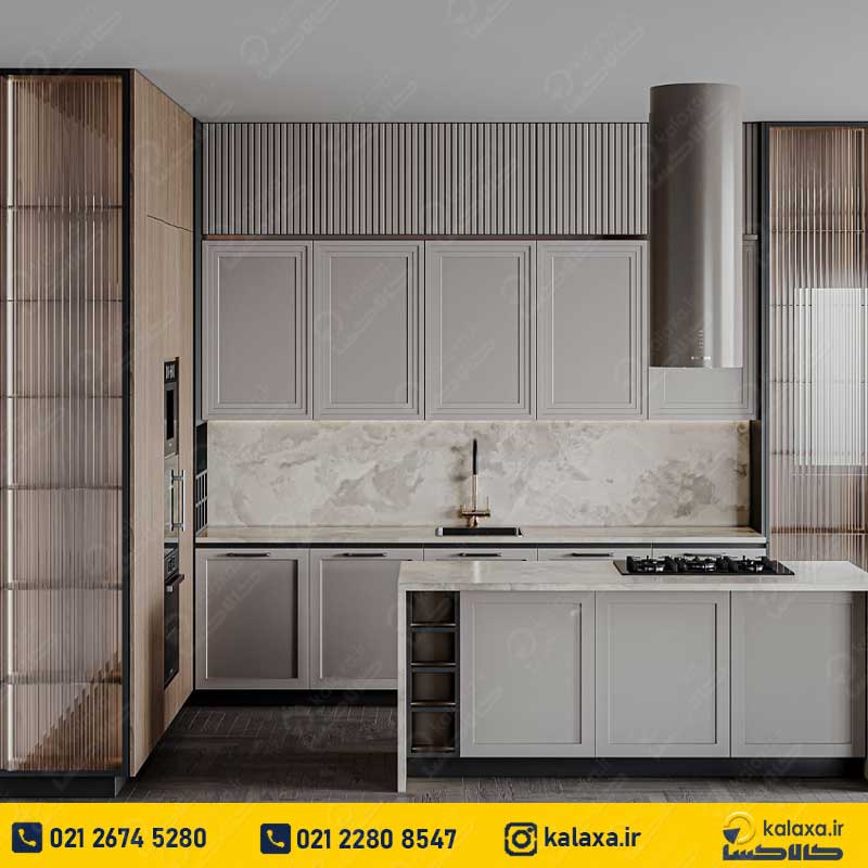 نمونه کار کابینت نئوکلاسیک طوسی و چوب