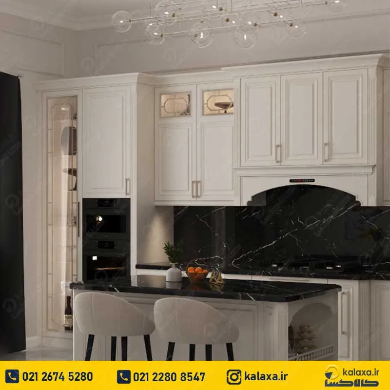 کابینت نئوکلاسیک سفید مشکی+جزیره کابینت نئوکلاسیک