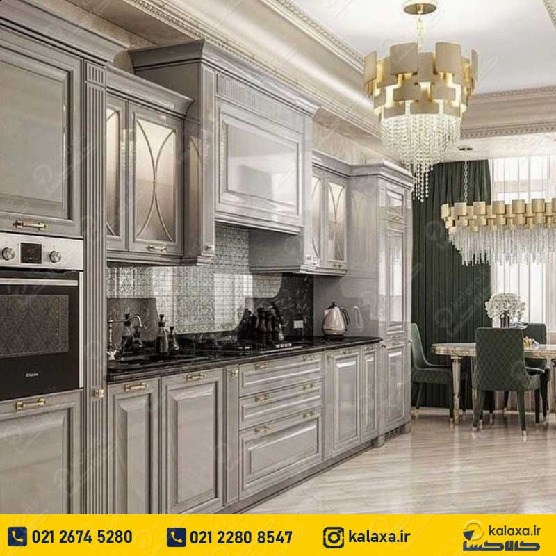 کابینت کلاسیک طوسی براق با طراحی مدرن و لوکس