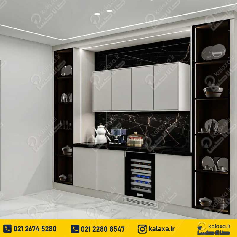 آشپزخانه کوچک با کابینت ام دی اف هایگلاس سفید مشکی
